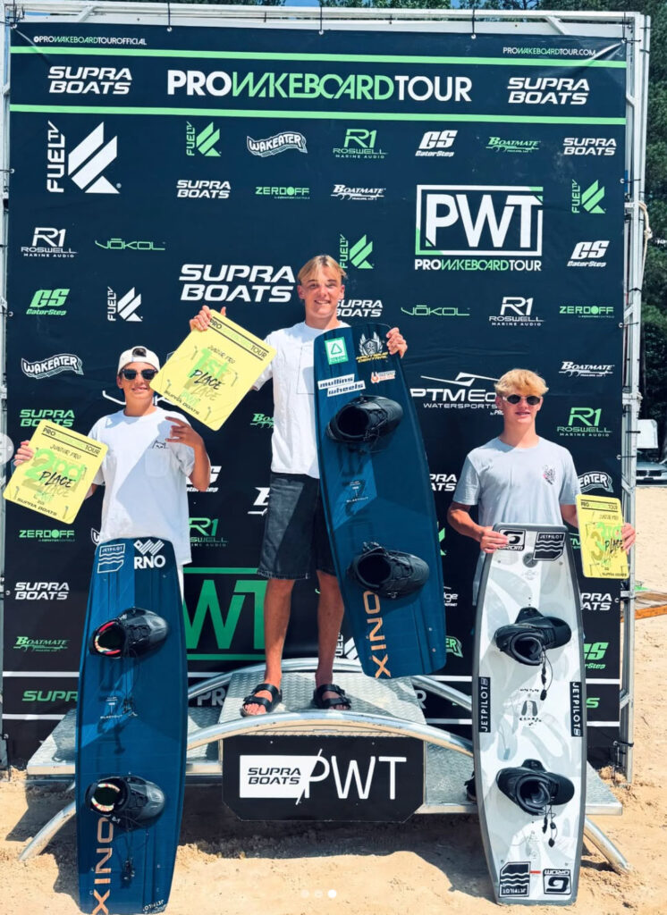 Jett Gibson with Junior Pro Wakeboard trophy